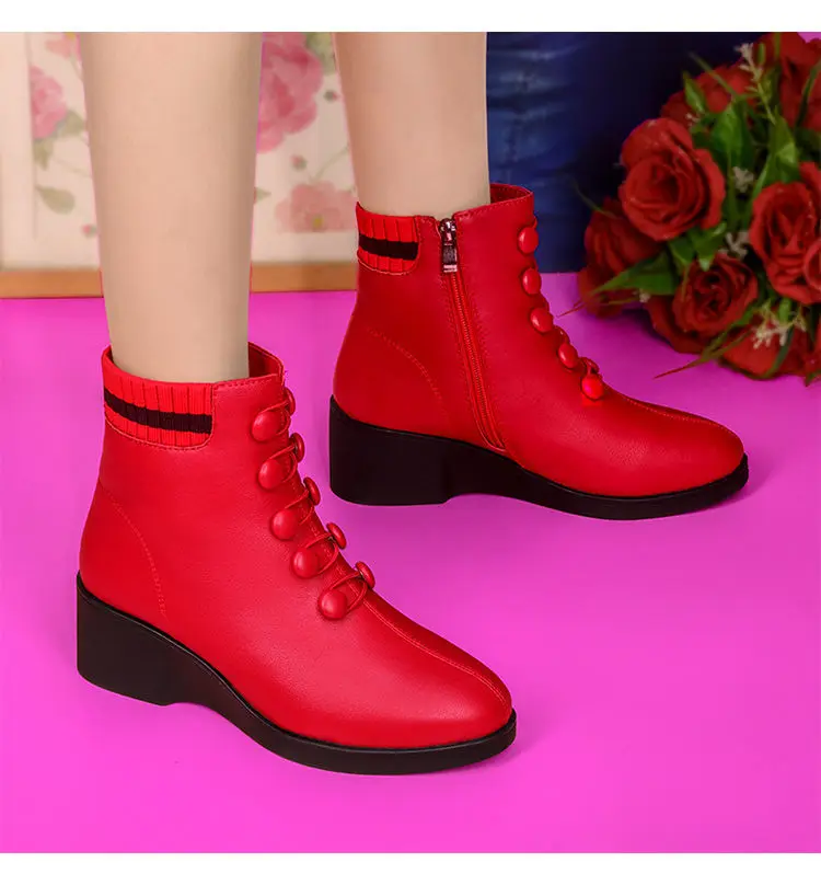 Knöpfe rote Keil Socken Stiefel für Frauen Winter Fell gefüttert Kunstleder Schuhe weibliche Stiefeletten Damen Stiefeletten Frau Plattform Stiefel – Detail 15