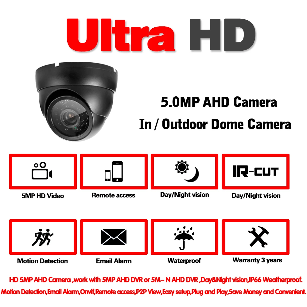 Super 5MP AHD Black Camera 24pcs IR LED 2560(H)*1920(V) With IR CUT Filter Day & Night Surveillance Home Dome Security Camera