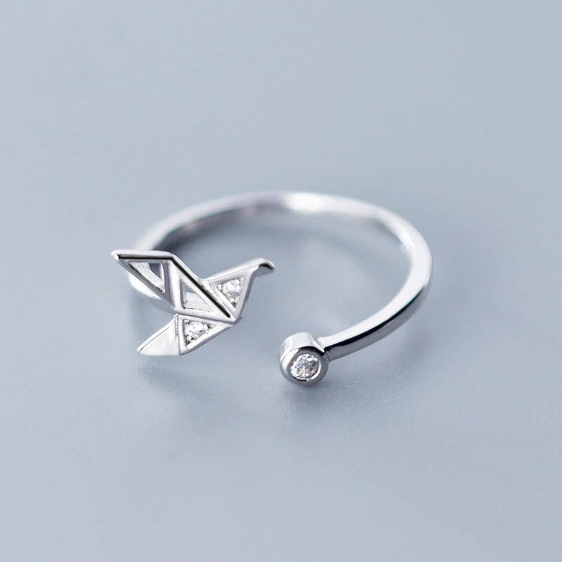 925 Sterling Silver Ring Simple Origami Crane Zirconia Open Adjustable Fashion Jewelry For Women Girl Cocktail | Украшения и