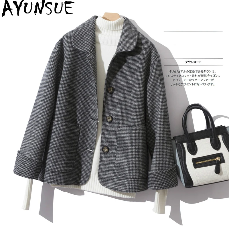 AYUNSUE 100% шерстяное пальто Женская длинная куртка короткая весенне-осеннее пальто женские короткие корейские куртки с гусиной лапой пальто