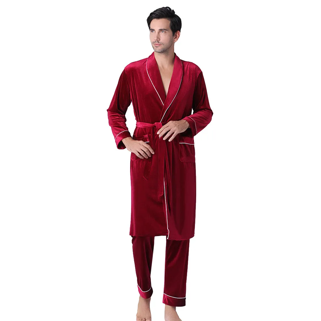 Зимний пижамный комплект, мужской халат и штаны, высокое качество, золотой бархат, Мужская одежда для сна, сексуальный мужской пижамный комплект, пижама для сна d91023 - Color: wine red