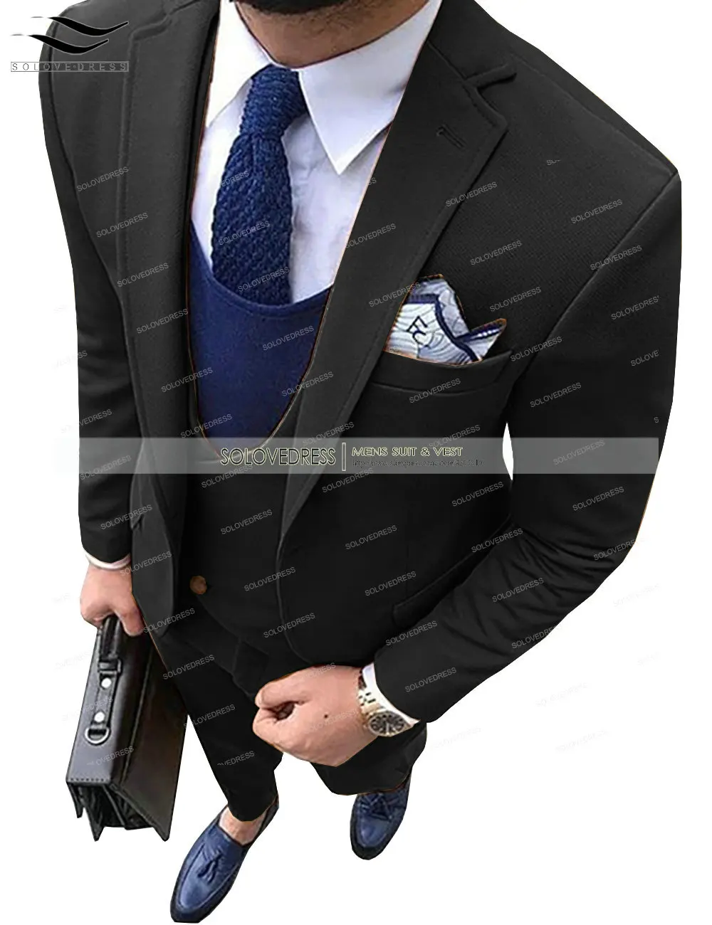 Новые модные мужские твидовые шерстяные костюмы из трех предметов, приталенный деловой смокинг с шалевым отворотом(Блейзер+ жилет+ брюки - Цвет: Black