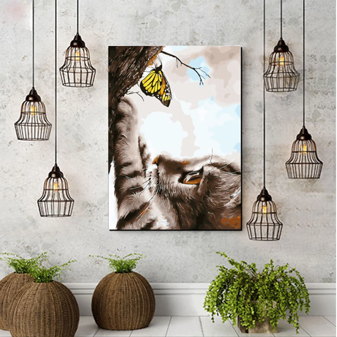 Украшение для дома DIY кот и бабочка животное 40x50 см 50x60 см репродукции, настенное Искусство Холст Картина DIY Картина Настенная картина