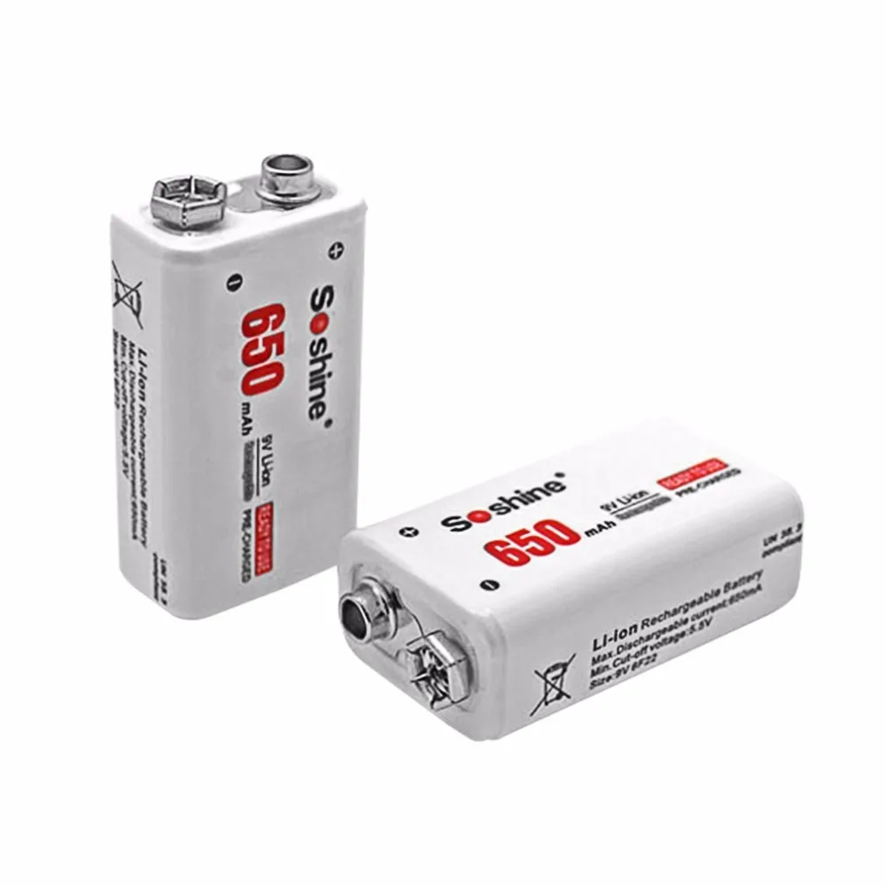 Soshine 2pc 650mAh 9V 6F22 Li-ion Lithium Rechargeable Battery for Electronic Smoke Guitar