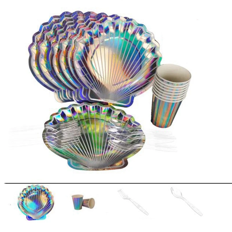 

PARTYBUS Iridescent Shell Diamond Disposable Tableware Sets Paper Plates Party Tableware Sets Kids Birthday Wedding Engagement D