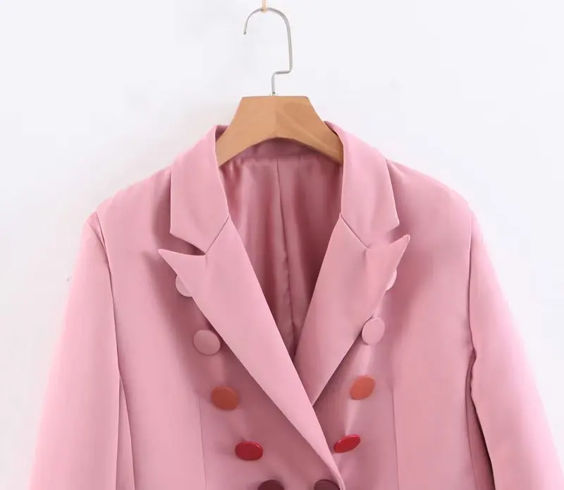 

Spring New Style Europe And America WOMEN'S Dress-Style Solid Color shou gong kou Pink Double Breasted Suit Jacket W2175