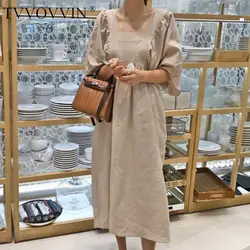 Tvvovvinin/2019 осеннее Новое повседневное модное женское свободное платье с квадратным воротником и пышными рукавами, однотонное Хлопковое