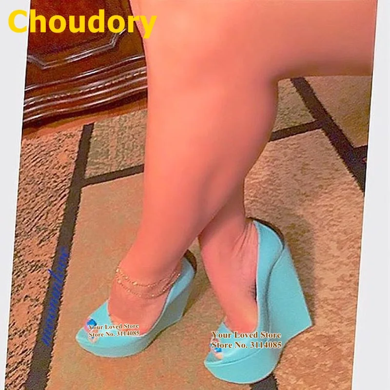 孔雀蓝羊皮拼接黑色羊皮后跟坡跟鱼嘴单鞋 (2)