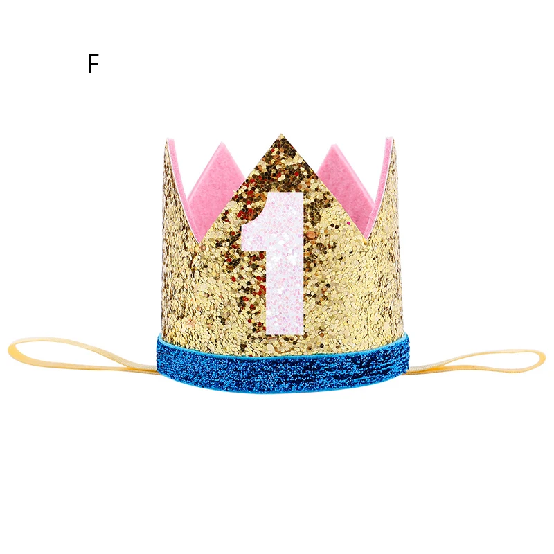 Новинка года, шляпа голубого и золотого цвета для первого дня рождения для мальчиков, блестящая золотая розовая корона для принцессы, для первого года, вечерние украшения для детского душа, повязка на голову - Цвет: F
