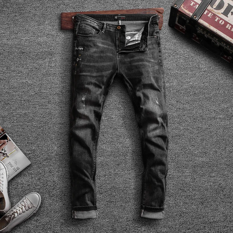 

Korean Style Fashion Men Jeans High Quality Black Color Elastic Ripped Denim Pencil Pants Streetwear Hip Hop Designer Trousers