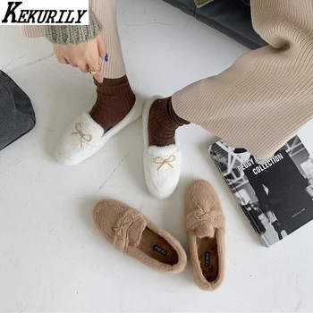 

Autumn Winter Fur Loafers Women Bow Knot Shallow Flats Shoes Round Toe Furry Slides Comfortable Zapatos De Mujer White Khaki
