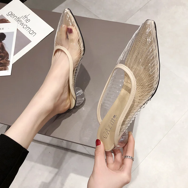 

Women's Pointed-Toe Mules Shoes 2019 New Style High-Heel Closed-toe Semi-Trailing Shoes Women's Outer Wear Transparent Crystal G