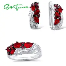 SANTUZZA 925 Серебряный набор украшений для женщин овальная груша серьги с красным камнем набор колец роскошный подарок Свадебные аксессуары хорошее ювелирное изделие