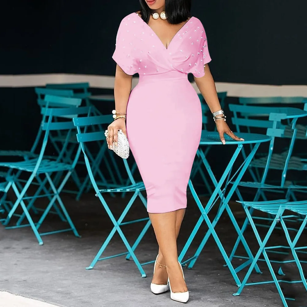 

3XL Beading Summer Bodycon Dress 2020 African Women Pink Vestiods Elegant Office Ladies Midi High Waist Dress Party Plus Size