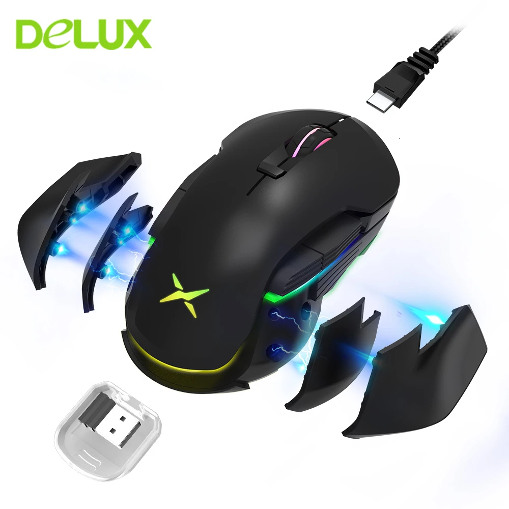 

Delux M627 PMW3389 2.4G Wireless + Wired Dual Mode RGB Gaming Mouse 16000 DPI 8 Buttons USB Optical Computer Game Mice Gamer