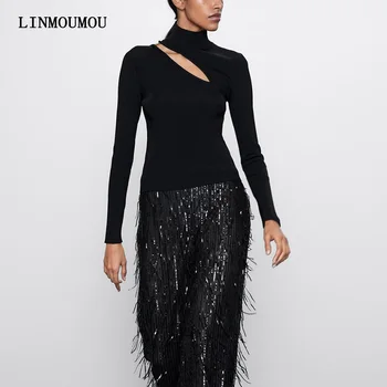 

Women Basic Black Long Sleeve T Shirt Turtleneck Plus Size Lady Tees & tops Spring Autumn Hollow Out Women Tops T-shirt 2020 New