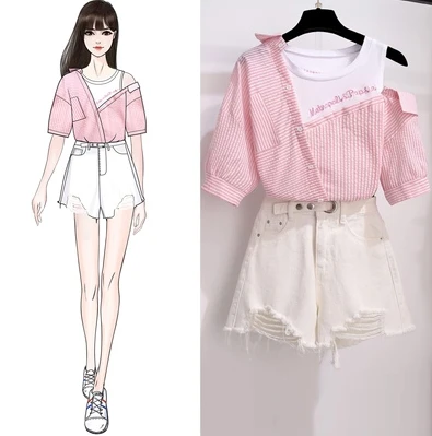 

Plus size women korean Summer 2 pieces set women sexy off shoulder striped shirts and side bandage denim shorts sets beach wear