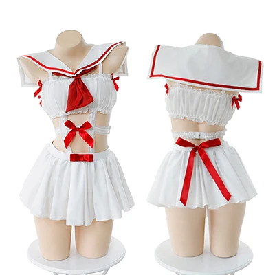 Сексуальная мусс Пижама женская юбка пижамы Kawaii Лолита девушки костюм моряка бантом выдалбливают Нижнее белье очень короткая униформа набор - Цвет: white