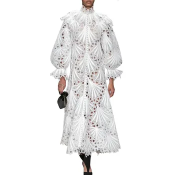 

New stand collar hollow embroidery lantern long sleeve irregular hem loose long dress