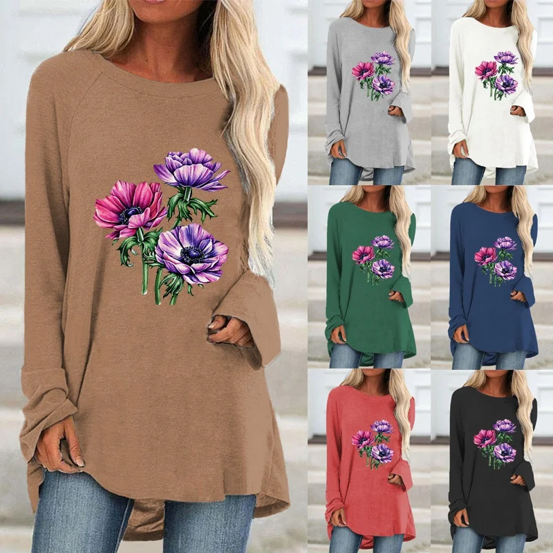 

Women Clothing Fashion Printing Graphic Tee Long Sleeve Round Neck Pullovers Loose Casual Shirt Autumn and Winter Tops