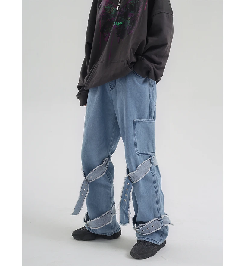 Ripped Buckle Ribbon Jogger Спортивный костюм свободные строчки карго карман джинсовые брюки для женщин и мужчин Уличная панк гарем хип хоп Harajuku Jean