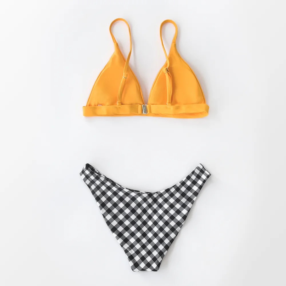 SEASELFIE 2020 Sexy Low-waist Thong Bikinis Set Swimwear Women Swimsuit Bathing Suit Biquini Yellow and Gingham Bikini Beachwear