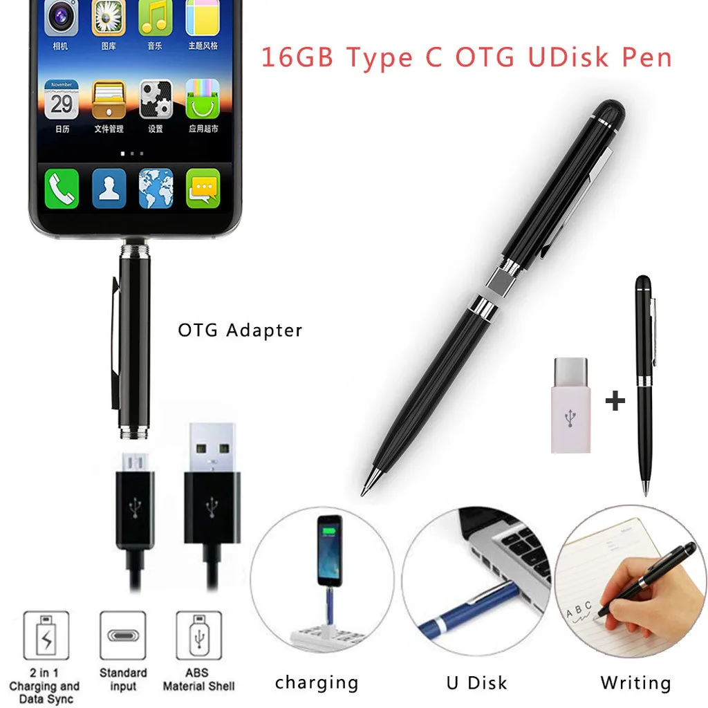 16GB usb type-C флэш-накопитель Micro USB(female) к usb type C(male) OTG адаптер офисная деловая черная шариковая ручка - Цвет: Золотой