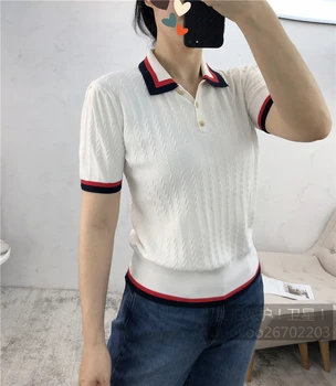 

2020 Summer Women Knitted T Shirt Short-sleeved Turn-down Collar Slim Thin Sweater Simple Lady Pullover Tee Top With Buttons