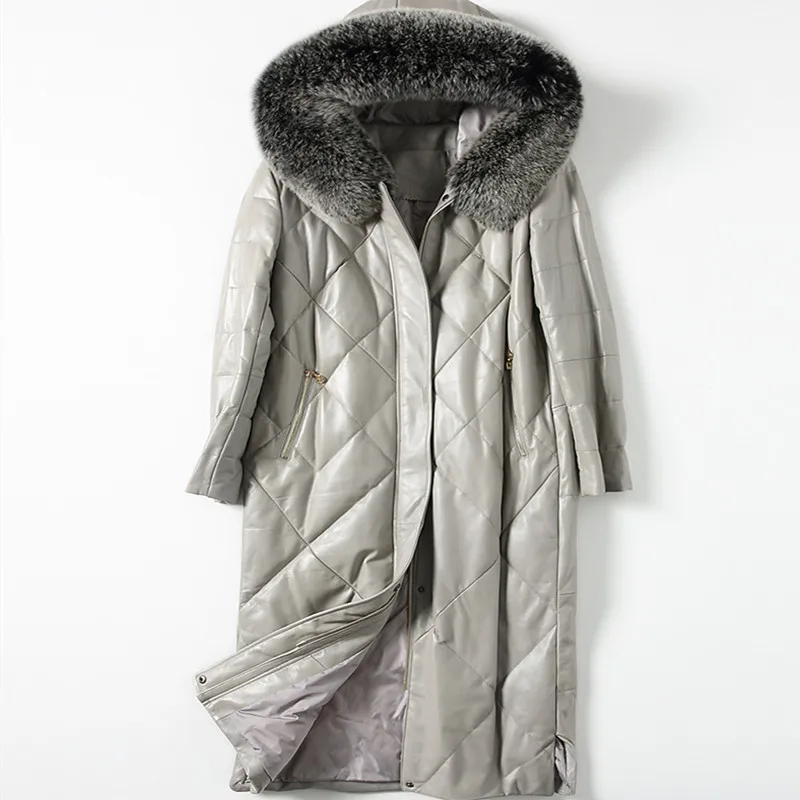 Женское пальто из натуральной кожи, Осень-зима, теплые длинные топы, Женское пальто с капюшоном из овчины, с воротником из лисьего меха, длинное пальто серого цвета, M 3XL