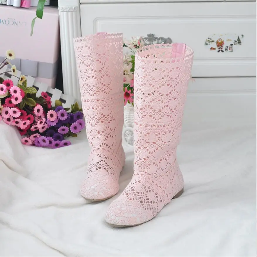 Women's spring high boots wool hollow boots fashion luxury brand summer white lace boots ladies hollow flat casual shoes