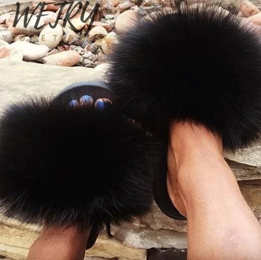 Новые цветные шлепанцы с натуральным лисьим мехом; повседневная обувь; пушистые шлепанцы; Вьетнамки; меховая обувь для женщин; большие размеры 36-45 - Цвет: fox fur Slides