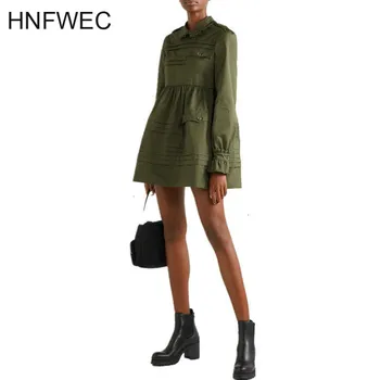 

Fashion Military Long Sleeve Loose Mini Dress 2020 Autumn Brand Designer Cute Peter Pan Collar Single Breasted Shirt Dress V243