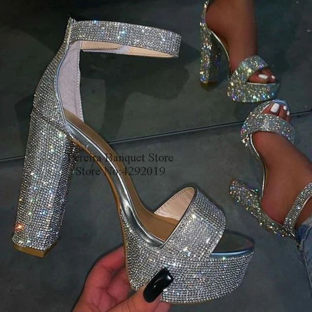 Sandalias de tacón grueso de cristal plateado, zapatos de vestir de con diamantes de imitación ostentosos, con correa en el zapatos de fiesta de boda -