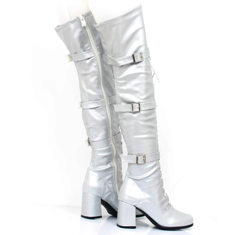 jialuowei Women Boots Retro Block High Heel Ladies Over-The-Knee Square Toe Lace-up Zip Buckle strap Woman Dance Party Shoes