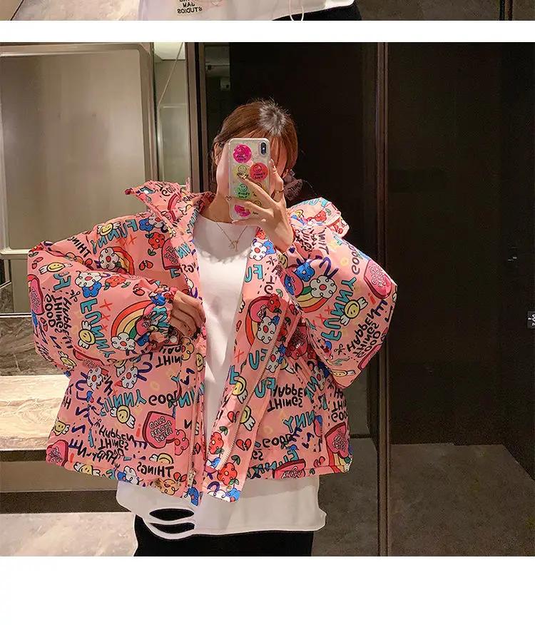 Stylish Teen Girl Bubble Graffiti Winter Jacket - true deals club