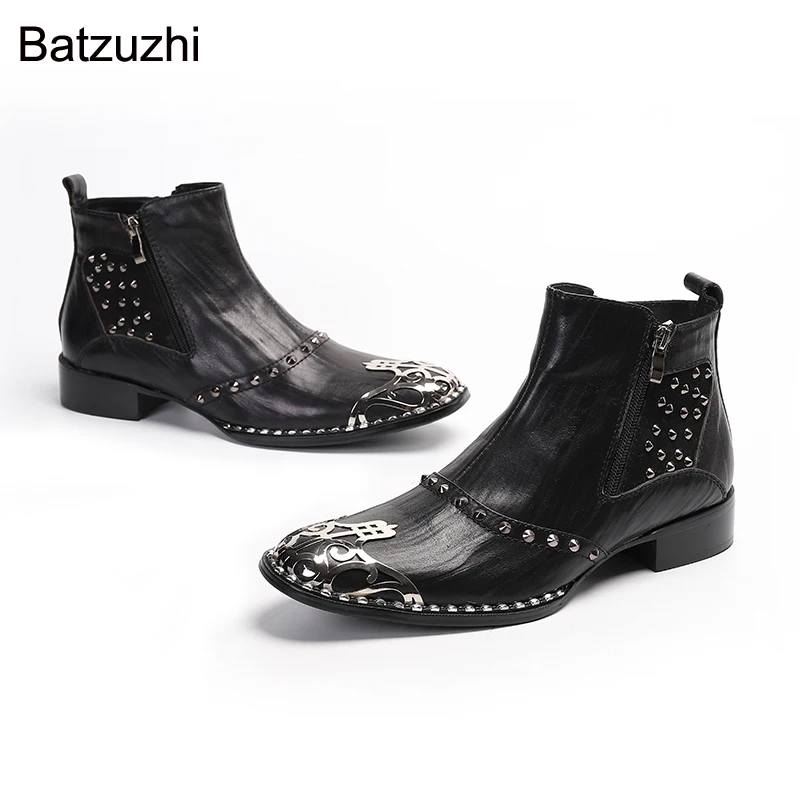 Batzuzhi Luxury Handmade Men Boots Shoes Black Genuine Leather Short Boots with Rivets Zip Metal Head Cool Botas Hombre, EU38-46