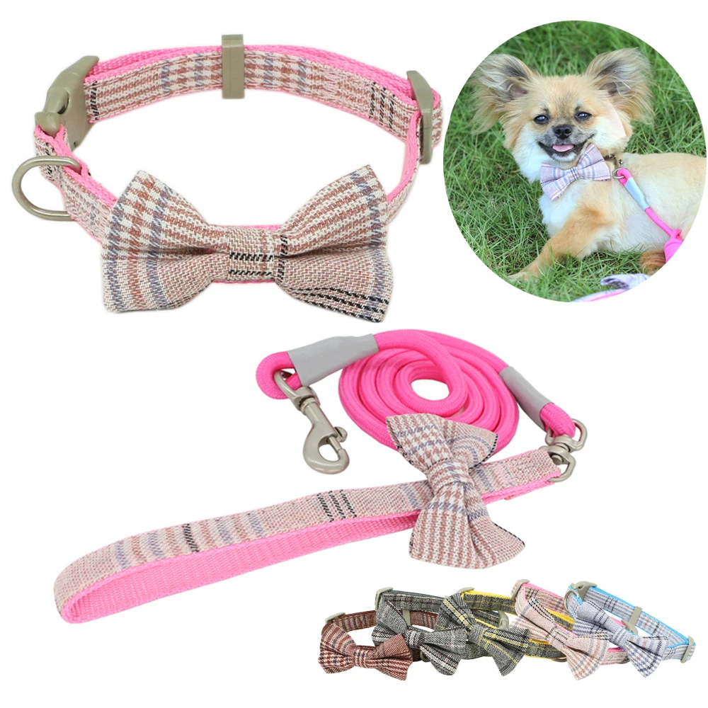 

Dog Collar Leash Set Plaid Bow Dog Collar Nylon Adjustable for Small Medium Pet Cats Dog Leashes Durable Walking Running