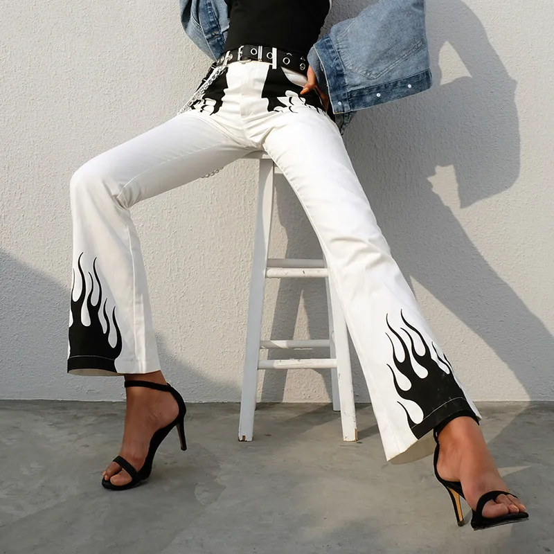 

Casual Panelled Flame Print High Waist Long Flare White Pant Women Bottoms Harajuku Slim Fitness Fire Trousers Pocket