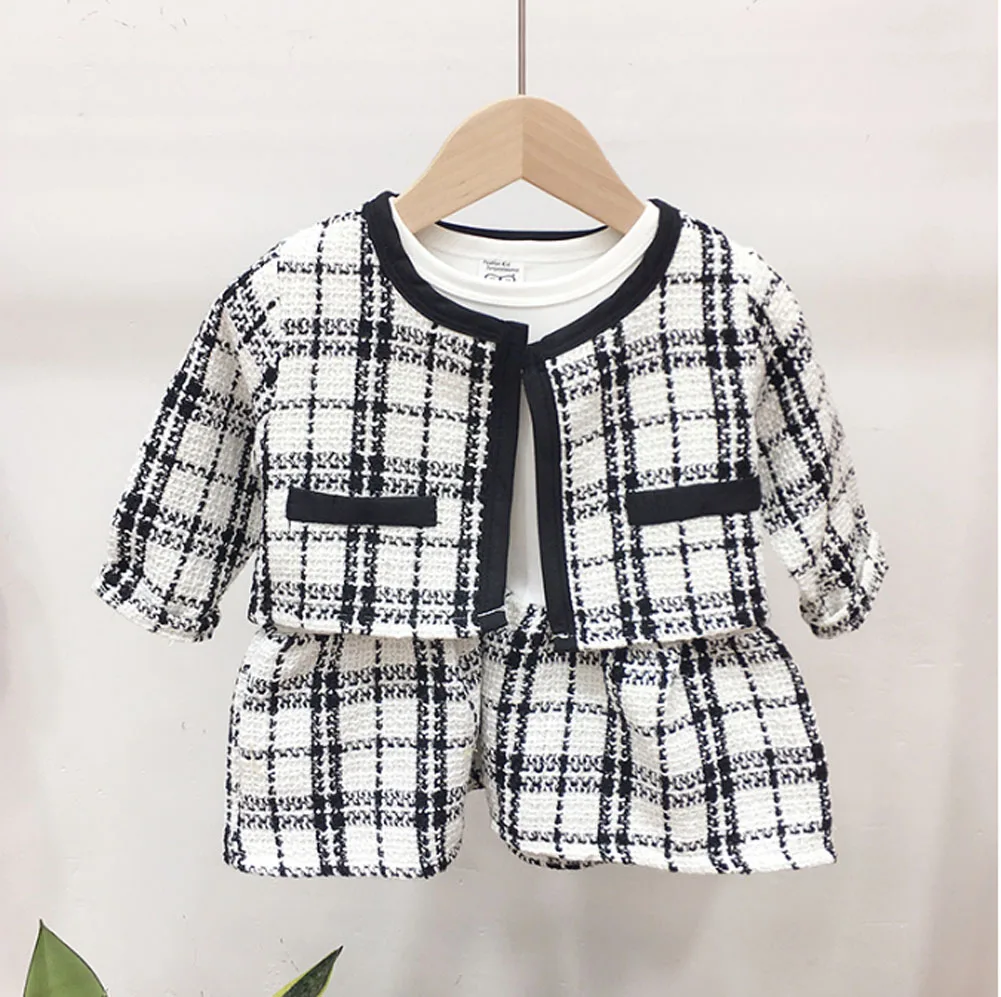 Коллекция года, модные комплекты одежды для маленьких девочек пальто в клетку с длинными рукавами для дня рождения Топы+ платье, 2 предмета, вечерние, теплые наряды, От 1 до 6 лет