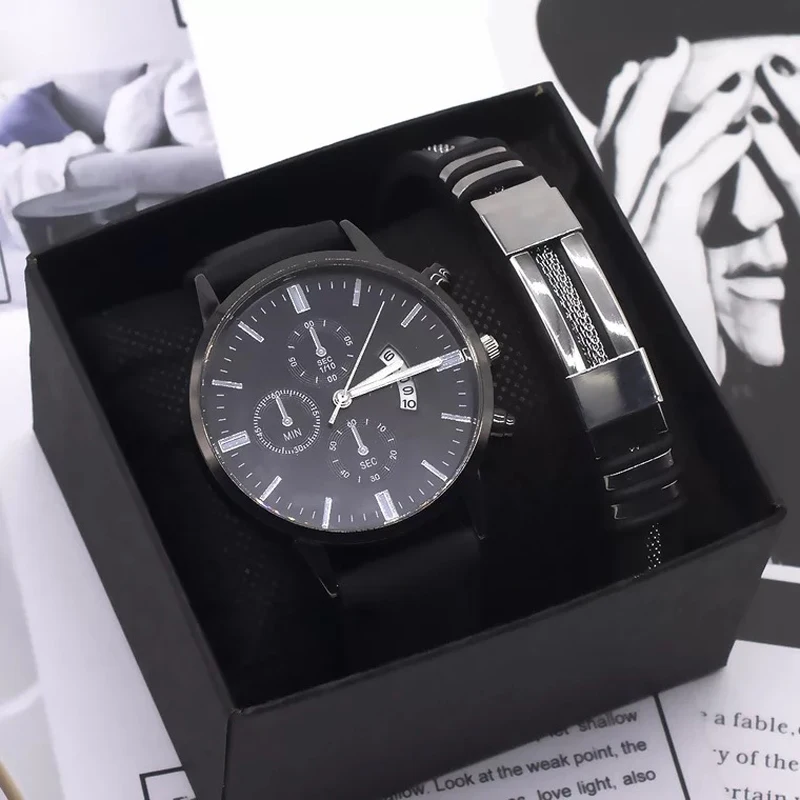 Men Watch Bracelet Set Fashion Sport Wrist Watch Alloy Case Leather Band Watch Quartz Business Wristwatch calendar Clock Gift 2