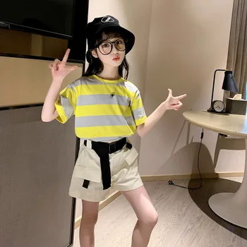 

Children Clothing 2020 Summer Girls Striped Short-Sleeved T-shirt +Shorts Two-Piece Korean-Style Kids Girl Clothes Sports Suit