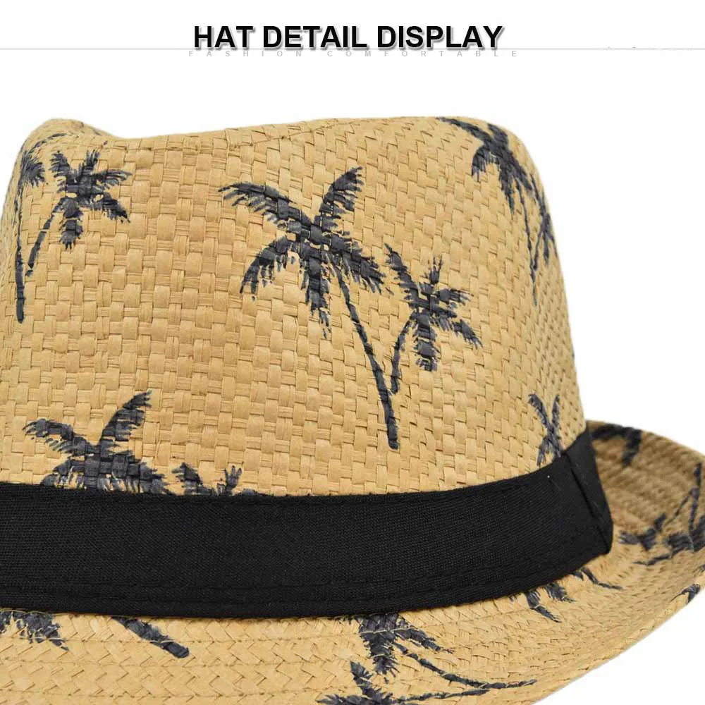 Wholesale Summer 2021 short brim Fedoras Panama beach Straw Jazz Hat Coconut tree Beach Sun Hat Men Women Sunhat chapeau paille 6