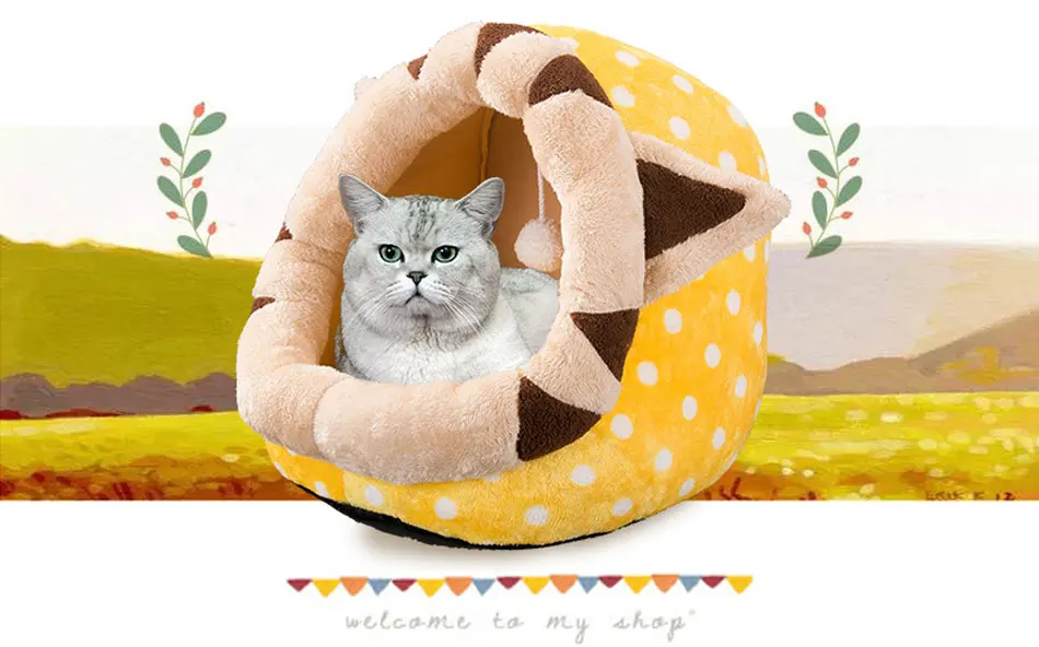 Cute Cat Bed Semi-closed Cats House Soft Warm Small Medium Dog Bed Pet House Built-in Fun Decoration for Cat Teddy Chihuahua Mat-100