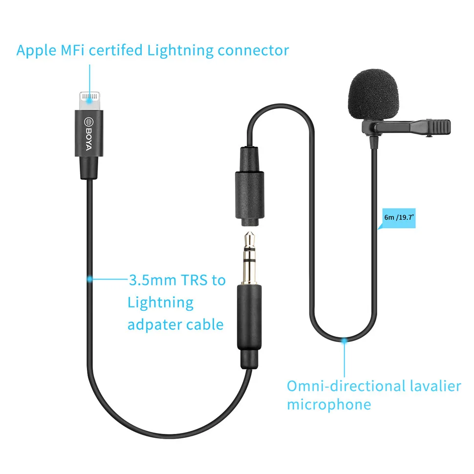 BOYA BY-M2/M2D 6m Professional iOS Condenser Lavalier Microphone for iPad iPhone iPod touch Sreaming Blogger Lapel Mictophone