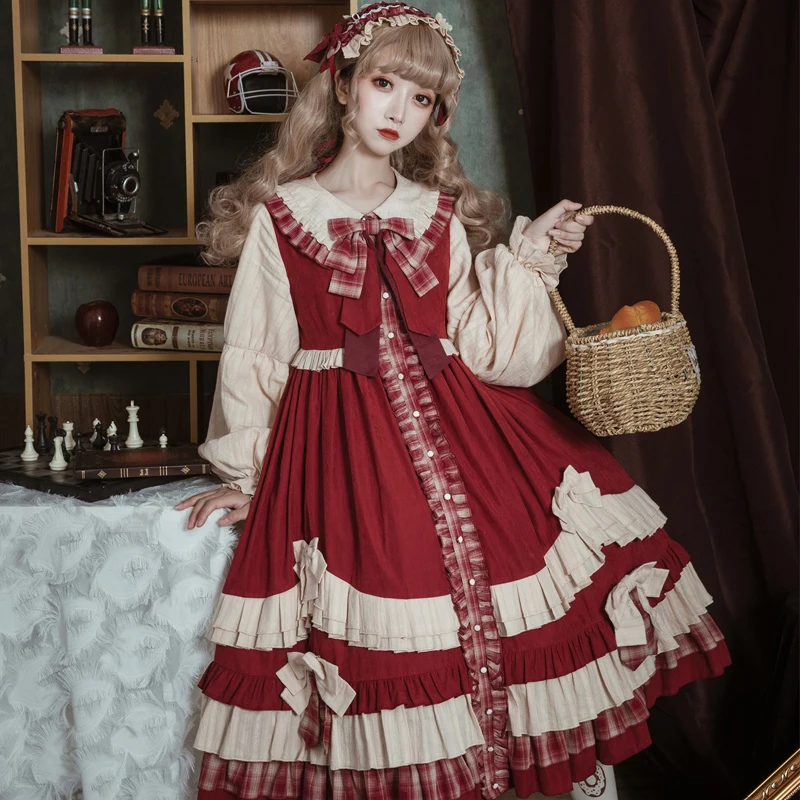 

Japanese Lolita Little Red Riding Hood Winter Berry Red Daily Women's Dress Christmas Fairy Tale Outfit F