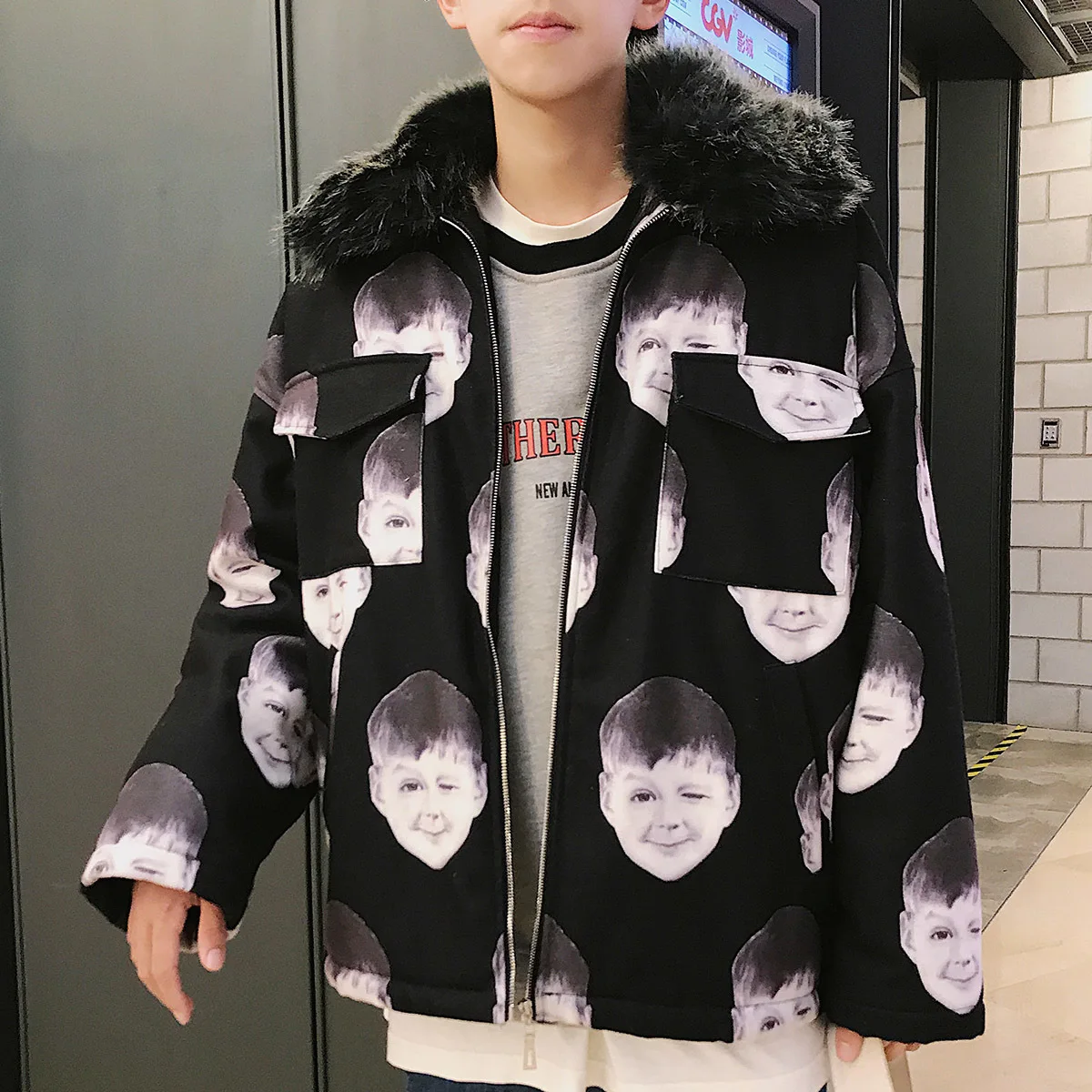 

Personality Print Parkas Jacket Casual Outwear Hooded Fur Collar Windbreaker Jackets Coats Men Veste Homme Winterjas Heren