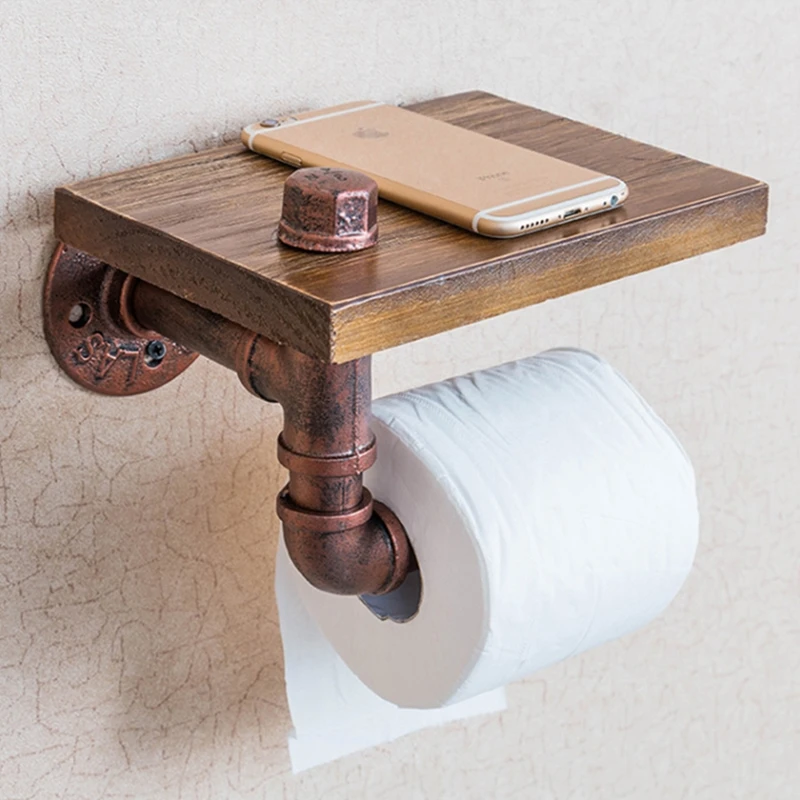 Urban Industrial Wall Mount Wood Storage Shelf Iron Pipe Toilet Paper Holder Roller Restaurant Restroom Bathroom Decoration |