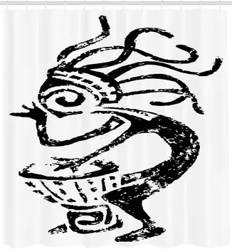 

Kokopelli Shower Curtain Grunge Style Cave Motif Look Monochrome Playing Darbuka Pattern Bathroom Decor Set