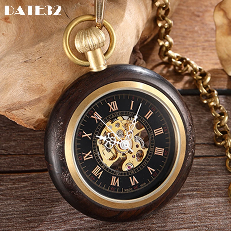 

Wooden Mechanical Pocket Watch for Men Roman Numerals Black Sandalwood Wood Case Gold Back Engraved Fob Chain Clock Dropshipping