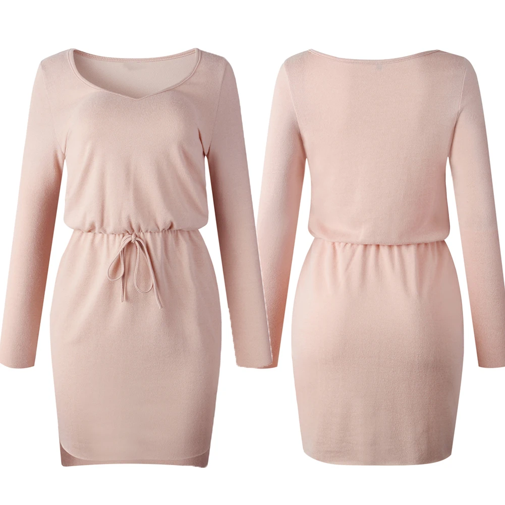 HOT SALES!!! Sexy Women Autumn Long Sleeve V Neck Waist Drawstring High-low Hem Mini Dress Sexy Dress Women Casual Dress 3 Color
